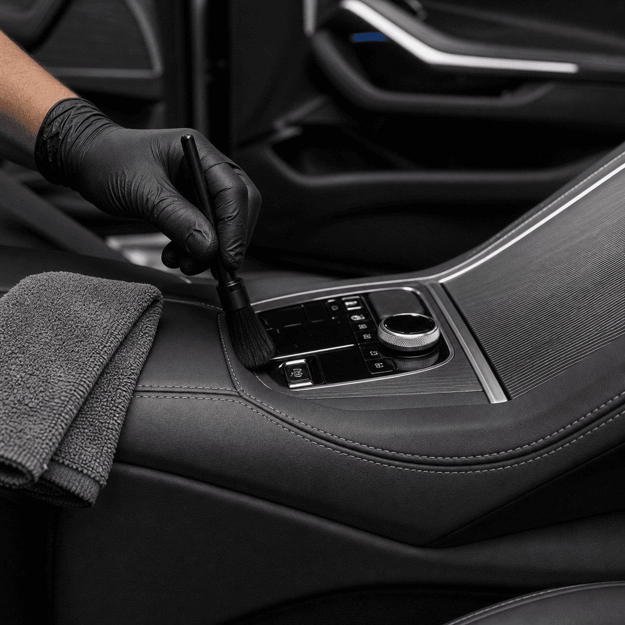 Interieurdetailer reinigt met een fijne borstel de middenconsole van een donkere premium wagen