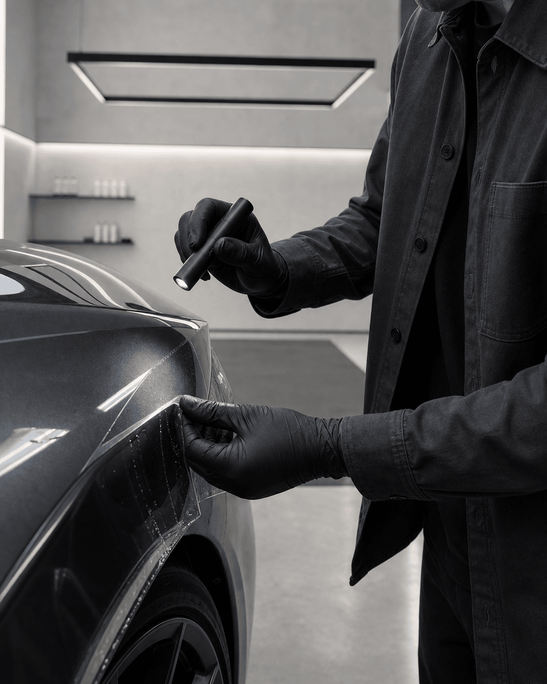 Detailer die de aansluiting van folie met een inspectielamp controleert