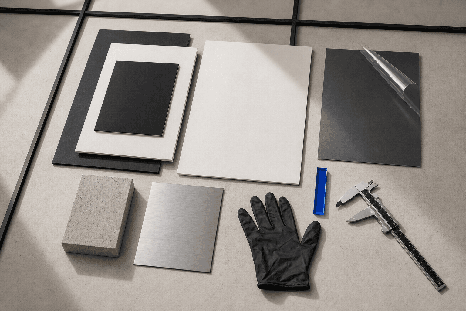 Materiaalstudie met folie, handschoen en precisiegereedschap