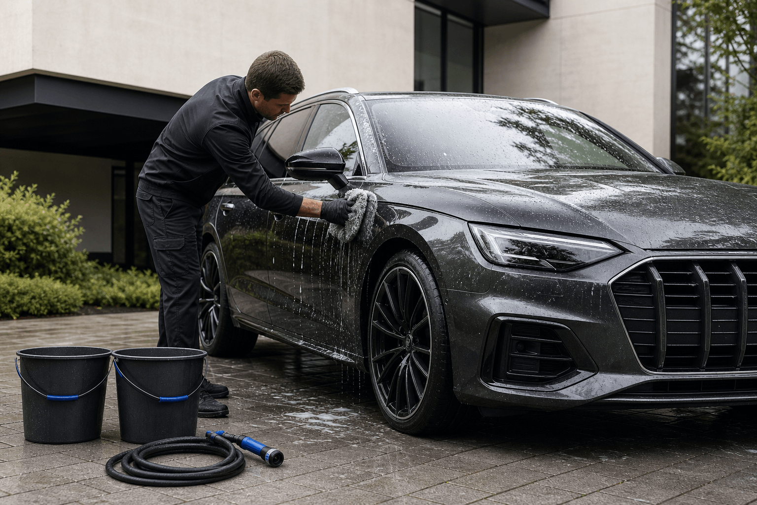 Professionele mobiele verzorging van een donkere wagen op locatie