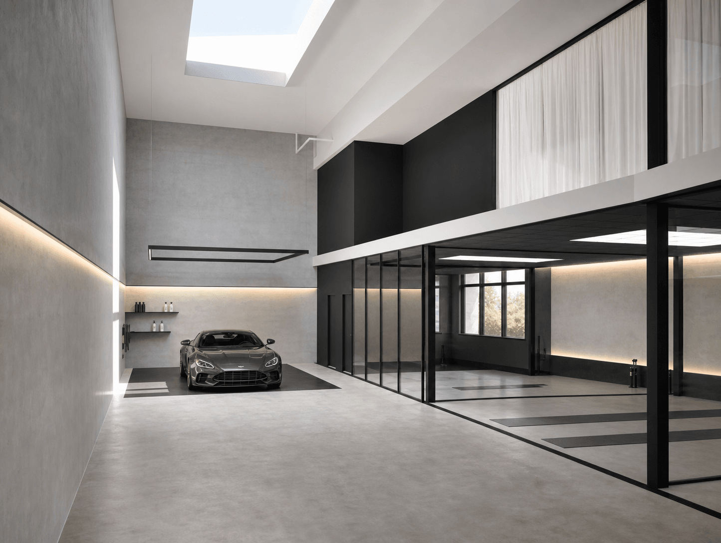 Architecturale visualisatie van een lichte premium detailingstudio